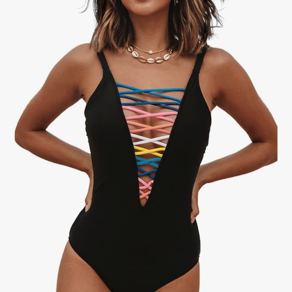 NWOT Black One-Piece Swimsuit with Multicolor Straps